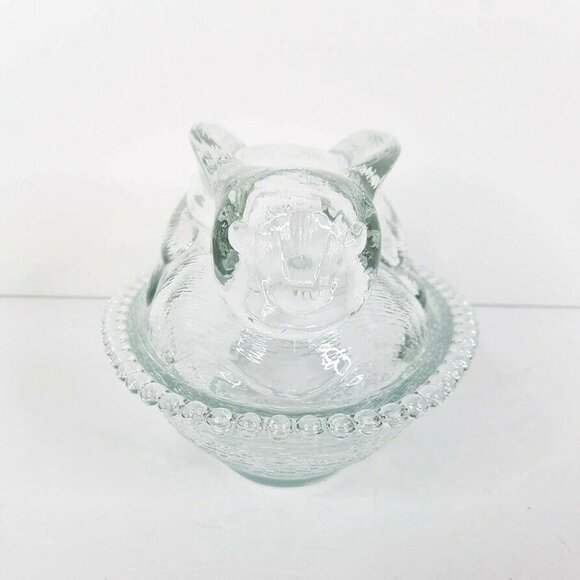 Bunny Covered Candy Dish Clear Pressed Glass Rabbit Basket Nest Trinket - Picture 2 of 7